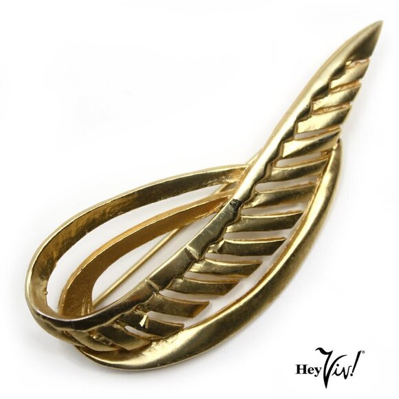 Vintage Curved Gold Leaf Shaped Pin - 3" Long w Cutout Design - Hey Viv - Picture 1 of 5
